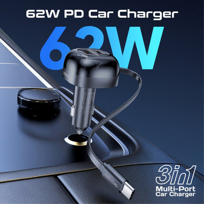 62W Multi-Port Car Charger with Retractable USB-C Cable